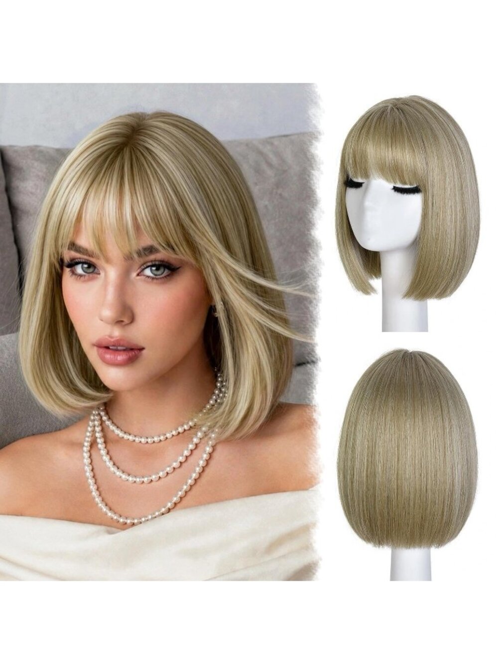 12inch Women's Blonde Highlights Straight Bob Wigs Synthetic Natural With Bangs